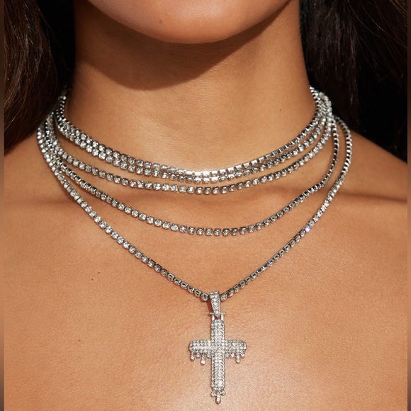 Jewelry - •The Holy Drip• Elegant Silver Cross Pendant Multilayer Necklace